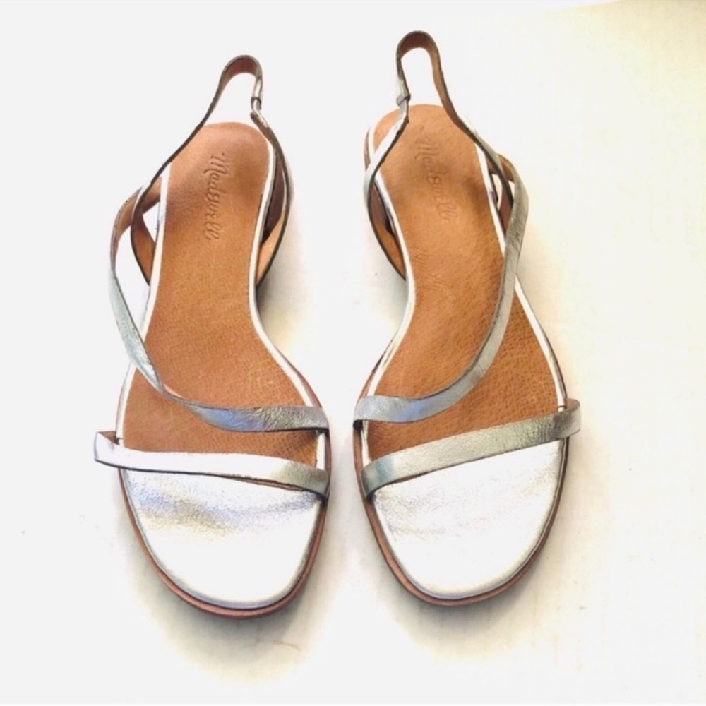 Madewell Bare Asymmetrical Sandals
Silver Crackled Leather 
size 7.5